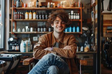 Obraz premium Happy business owner fashionable man sitting in his beauty salon. Startup, entrepreneur concept