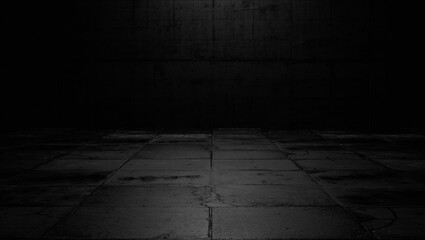 A dark room with black walls and a floor. 3d rendering