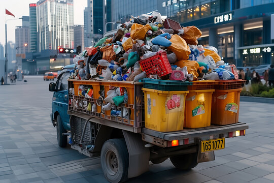 A city struggling with overflowing trash bins, illustrating the waste management crisis.  Generative AI.