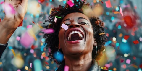 A young woman in a crowd is laughing and celebrating, with confetti falling around her. She has her mouth open wide, enjoying the joyful atmosphere at a party or event.