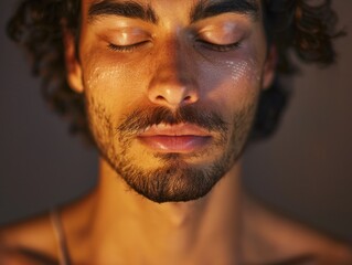 Fototapeta premium A man with a beard in meditation, eyes closed, forehead and hands in prayer position.