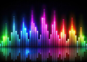 Vibrant neon-colored digital music equalizer bars undulate in rhythmic harmony, mesmerizing patterns of light and sound frequencies illuminating the dark, conveying cutting-edge technology.