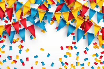 Brightly colored paper flag bunting with string, ideal for parties and events to create a festive atmosphere.