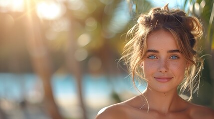 Radiant young woman with a bright smile, glowing skin, and expressive eyes, exuding confidence and warmth in a vibrant outdoor setting, surrounded by lush greenery.