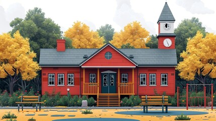 Creepy abandoned schoolhouse with broken windows and overgrown playground. Minimalist UI in a flat illustration style on a white background with bright Color scheme, dribble, flat Illustration ,