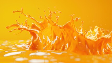 Vividly colored orange juice splashing into a pool of liquid, emphasizing the bright, fresh taste.