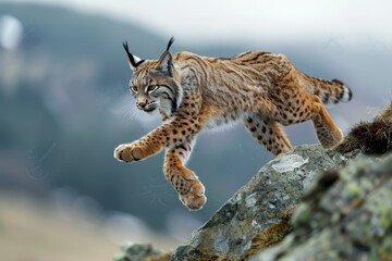 Obraz premium A dynamic shot of a Eurasian lynx leaping from rock to rock in a mountainous area.