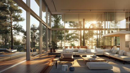 Modern living room with expansive glass windows and sunlit ambiance created by trees outside