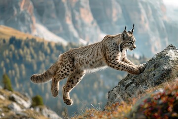 Obraz premium A dynamic shot of a Eurasian lynx leaping from rock to rock in a mountainous area.