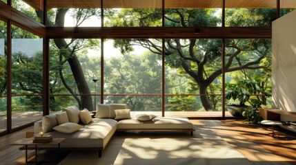Fototapeta premium Modern living room with large windows and sunlight streaming through trees