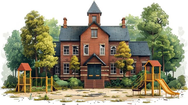 Creepy abandoned schoolhouse with broken windows and overgrown playground. Minimalist UI in a flat illustration style on a white background with bright Color scheme, dribble, flat Illustration ,