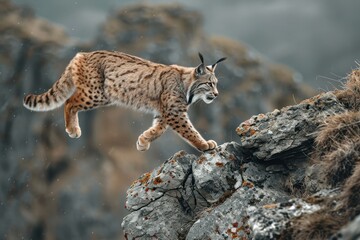 A dynamic shot of a Eurasian lynx leaping from rock to rock in a mountainous area.