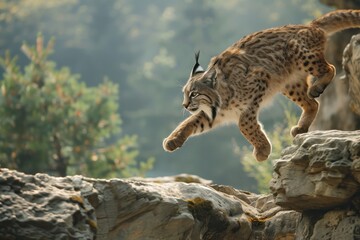 Obraz premium A dynamic shot of a Eurasian lynx leaping from rock to rock in a mountainous area.