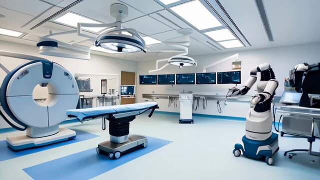 modern, high-tech empty operating room with advanced medical equipment, large MRI machine and robotic surgical arms. Healthcare and medicine concept