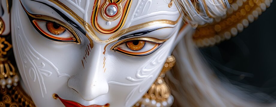 close-up of Bhuvaneshvari, majestic and benevolent, Kalighat and Japanese ink style, taken with lens, more clarity with clear light and sharp focus, high detailed