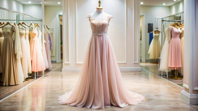 Exquisite pale pink floor-sweeping formal gown on a luxurious boutique mannequin, epitomizing elegance for prom, wedding, and evening occasions.