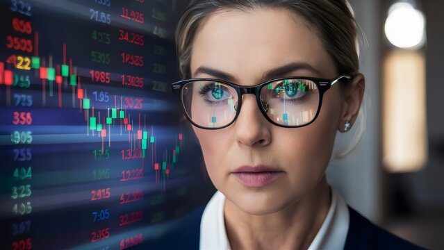 Focused Analysis: European Woman with Stock Market Data Reflected in Glasses
