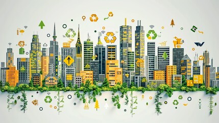 Environmental sustainability with abstract green cities and recycling. Minimalist UI in a flat illustration style on a white background with bright Color scheme, dribble, flat Illustration ,