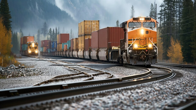 Two freight trains on parallel tracks in a mountainous region with cargo containers and autumn foliage in the background.