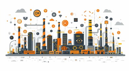 Industry 4.0 with abstract smart factories and IoT devices. Minimalist UI in a flat illustration style on a white background with bright Color scheme, dribble, flat Illustration , Minimalism,