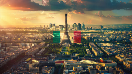 Naklejka premium Panorama of Paris showing the Eiffel Tower, French flag, and 2024 Summer Olympics logo together