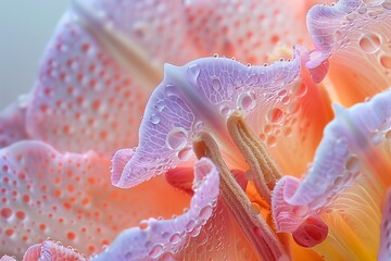 A close-up of vibrant petals pink and purple flowers with intricate vein patterns and a ruffled edge. The background is softly blurred with warm pastel tones, highlighting the delicate details.
