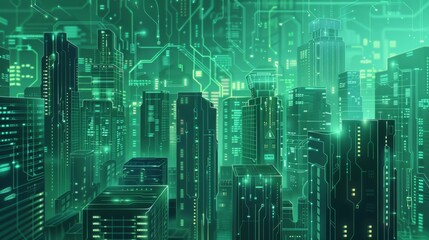 Fototapeta premium Futuristic Smart Cyber City illustration: Innovative Urban Landscape, futuristic technology and cyber punk concept, Graphic Resources, Wallpapers, Brochure, Websites, banner, Advertising, background