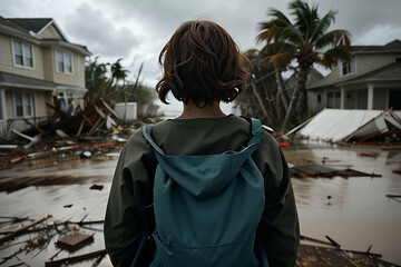 A woman, seen from behind, witnesses the devastation of homes destroyed by a tornado, hurricane, or conflict.
