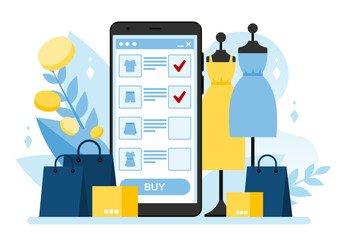 A phone with online shopping function surrounded by bags, boxes and mannequins with clothes. An application for an online clothing store for a smartphone. Clothing sale. Vector in a flat style