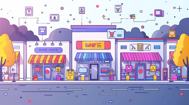 Digital transformation in retail with abstract online shopping and digital storefronts. Minimalist UI in a flat illustration style on a white background with bright Color scheme, dribble, flat