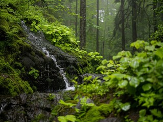 Idyllic Forest Oasis: Serene Waterfall in Lush Green Setting with Copy Space for Text