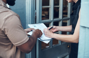 Delivery, sign and woman with documents for small business, salon and barber shop products. Front door, courier service and people with signature forms for online shopping, order and collect parcel
