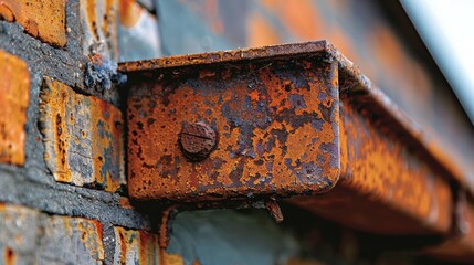 Close-up of a rusty metal beam attached to a brick wall. The metal is heavily corroded, with patches of rust and flaking paint.