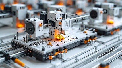 Technological advancements in manufacturing with abstract 3D printing and automation. Minimalist UI in a flat illustration style on a white background with bright Color scheme, dribble, flat