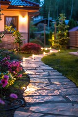 Obraz premium The path in the image is a lit stone pathway that leads to a house. The lighting creates an inviting ambiance in the garden at night.