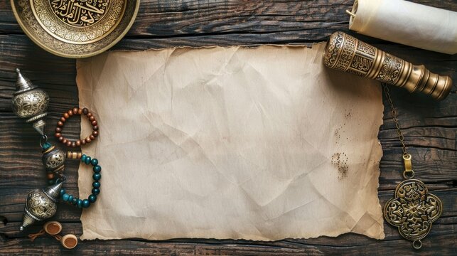 Traditional Arabic calligraphy tools and prayer beads on a blank paper