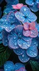 Close-up of vibrant blue and pink hydrangea flowers with water droplets on petals.