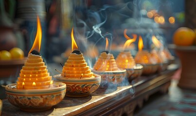  A row of lit candles emitting smoke.