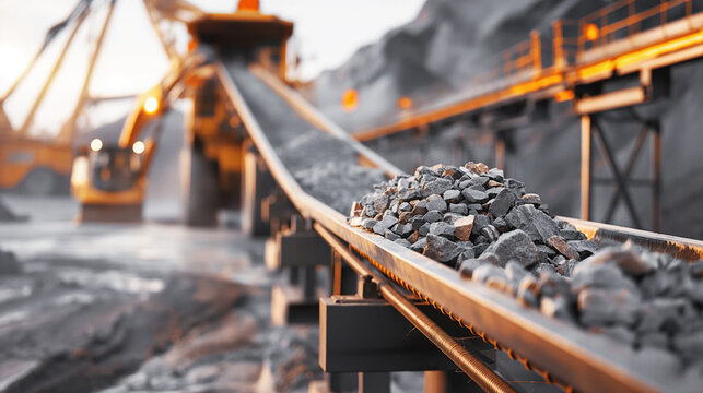 Close-up of rocks on a conveyor belt system in an industrial mining or quarry environment with heavy machinery in the background.
