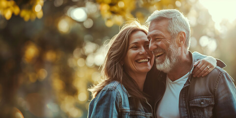 A man and woman are smiling and hugging each other in a park. Scene is happy and loving