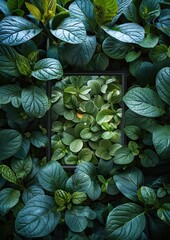 A rectangular frame filled with green leaves is placed among larger green leaves, creating a layered effect. 