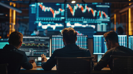 Fototapeta premium Team of financial analysts working at a financial institution, surrounded by charts and data screens
