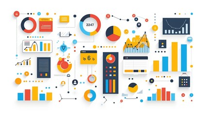 Business strategy development with abstract strategic planning and market analysis. Minimalist UI in a flat illustration style on a white background with bright Color scheme, dribble, flat