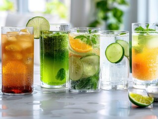 Fototapeta premium Variety of colorful healthy drinks in different glasses, suitable for parties and gatherings. The drinks are refreshing and packed with vitamins from the fruits.