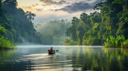 Fototapeta premium A person in a red shirt paddling a canoe on a calm river surrounded by dense, lush tropical rainforest under a cloudy sky during sunrise.