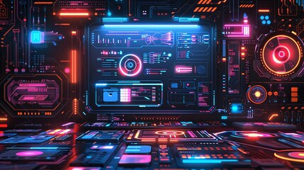 Fototapeta premium Futuristic digital interface with vibrant colors and intricate patterns, perfect for technology and sci-fi themes.