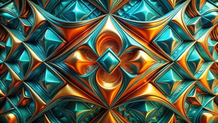 Vibrant, swirling patterns of turquoise and orange hues dance across a futuristic, gleaming metallic background of intersecting geometric shapes.