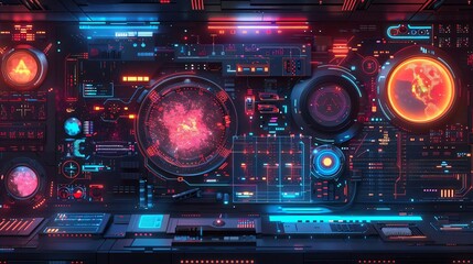 Obraz premium Futuristic digital interface showcasing advanced technology and vibrant neon visuals, perfect for sci-fi and tech themes.