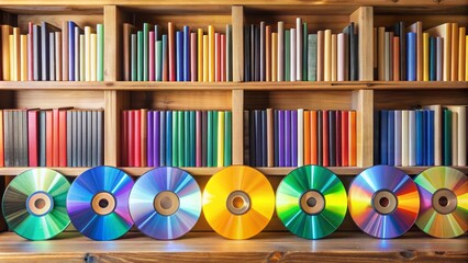 Colorful CDs aligned on a wooden shelf with a few books, and a single CD slightly pulled out, awaiting selection.