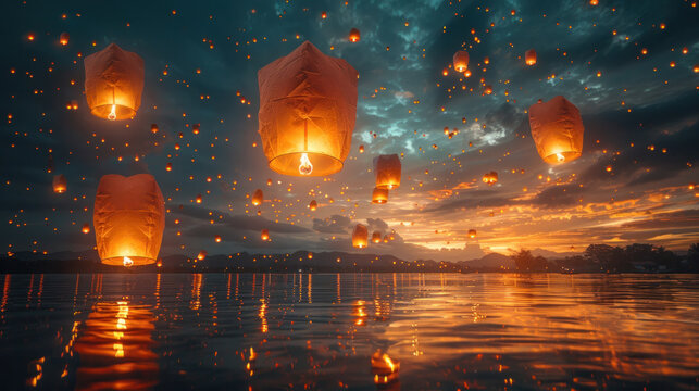 Family release hot air paper lanterns to sky at night in Loy krathong and Yi Peng Festival.